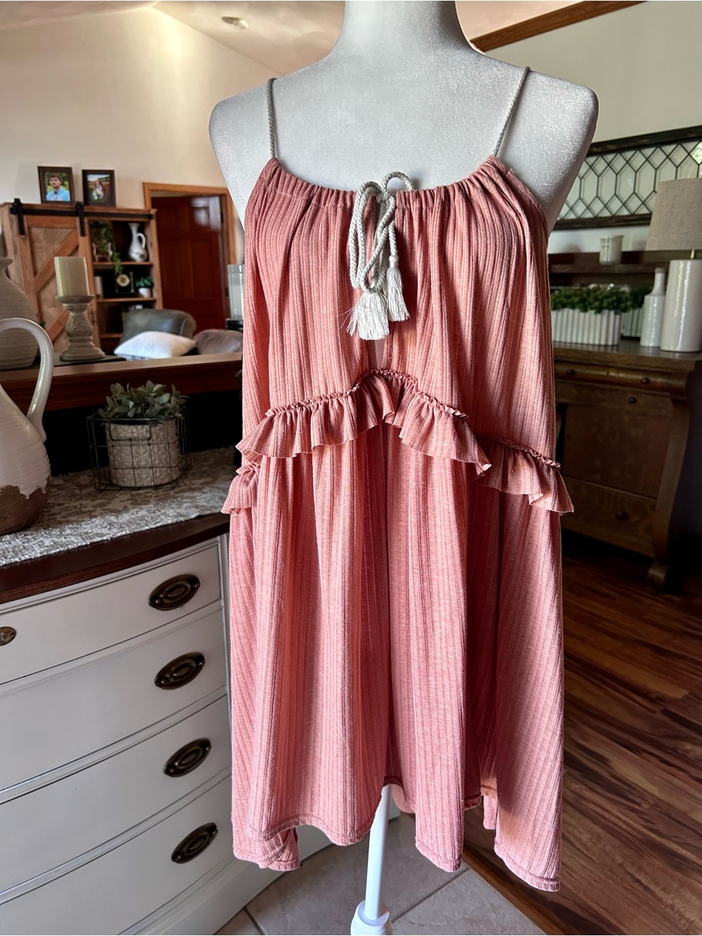 Women's Light Coral High-Low Ruffle Dress with Tassel Tie